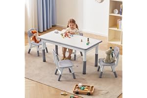 GITAWUSA Kids Table and Chairs Set, Height Adjustable, Kids Table with 4 Chairs, Toddlers Table for Ages 3-8, Graffiti Desktop, Children Activity Table for Daycare Classroom Home, Grey