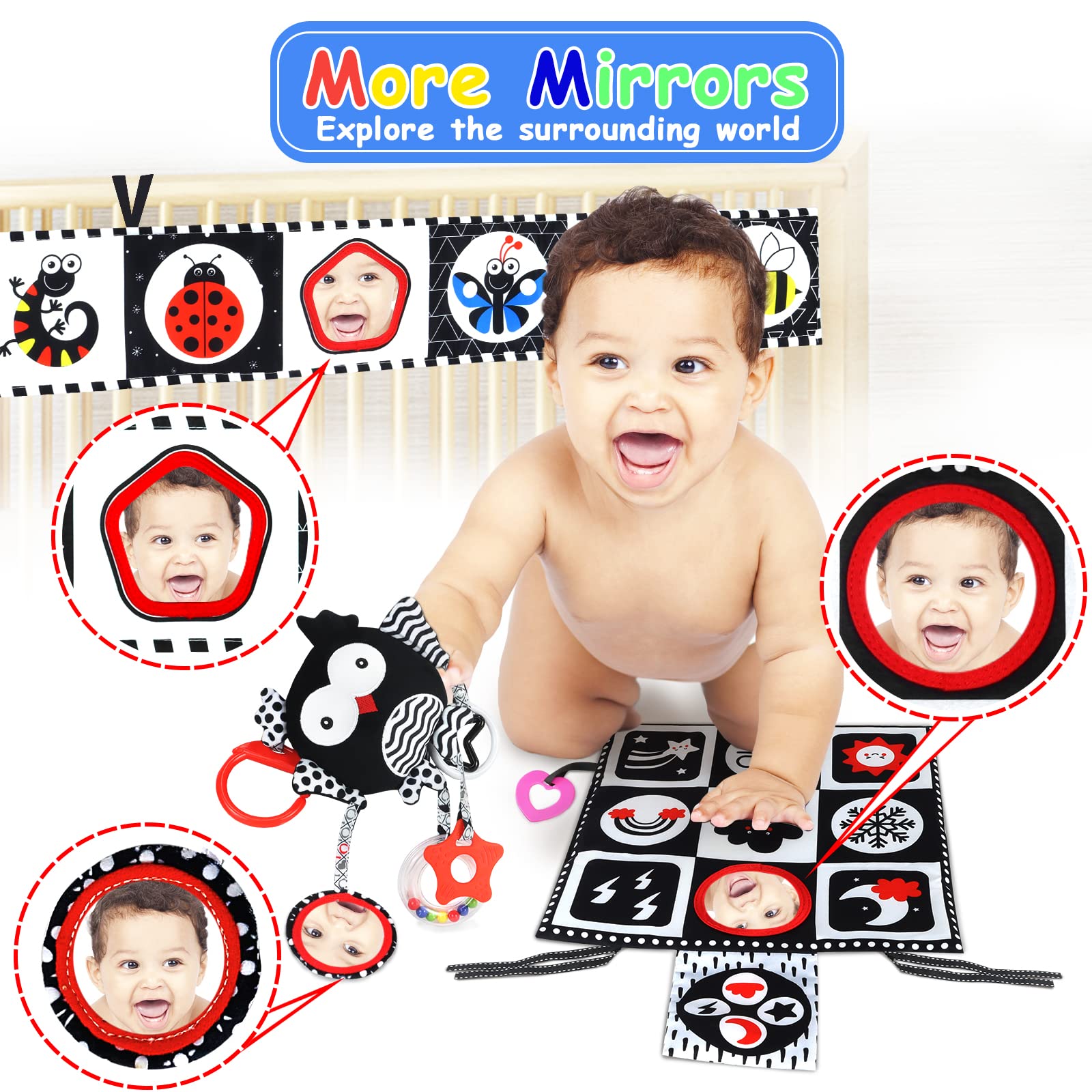 KUANGO Black and White High Contrast Baby Toys 0-6 Months with Mirror, Crinkle and Rattles, Soft Baby Toys for Brain Development Montessori Sensory Tummy Time Newborn Infant for 0 3 6 9 Months Old