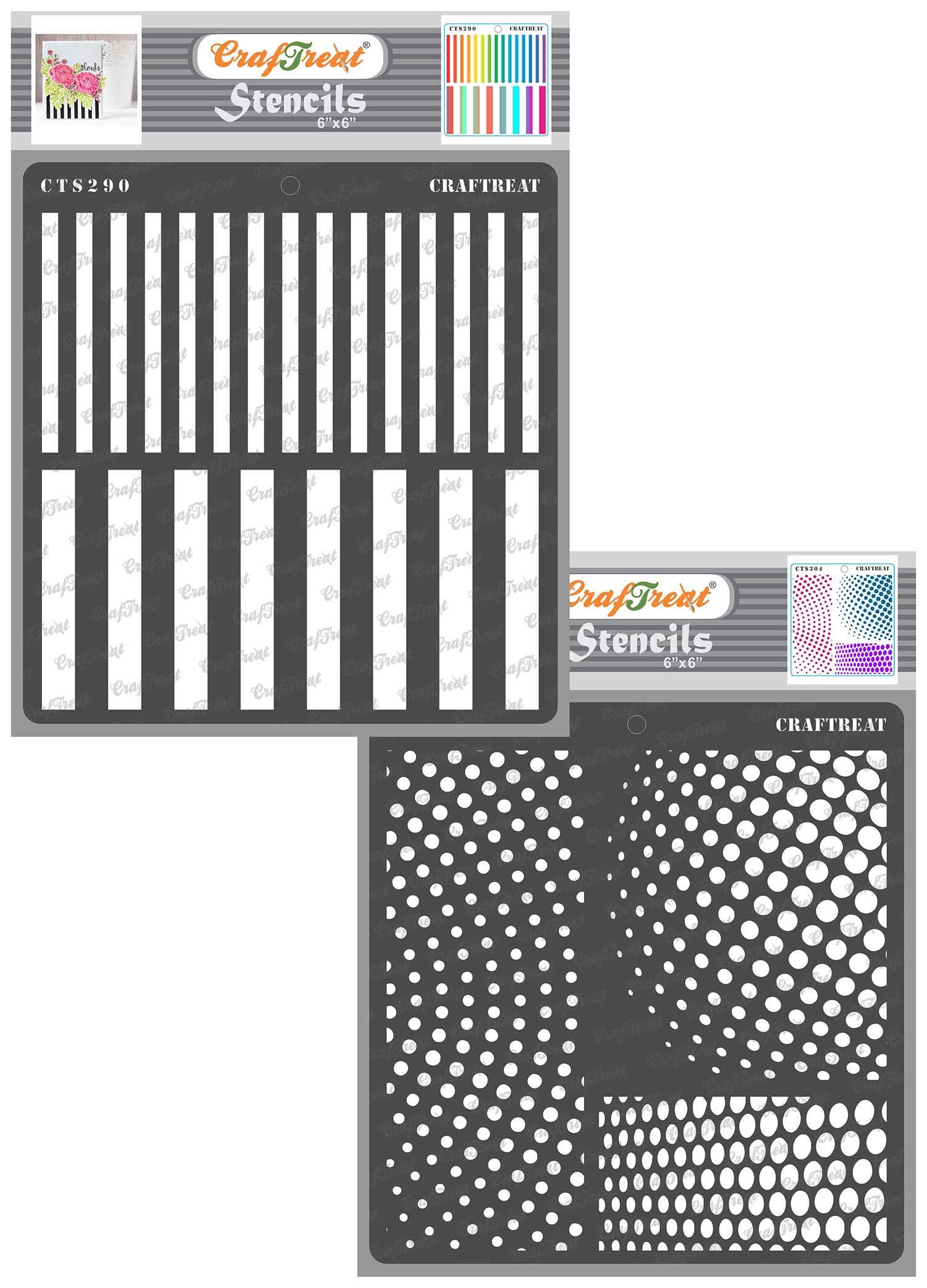 CrafTreat Reusable Texture Stencils for Painting on Wood, Canvas, Paper, Fabric, Floor, Wall and Tile - Stripes and Halftone Circles - 2 Pcs - 6x6 Inch Each - DIY Art and Craft Stencils