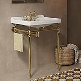 Yayzy 28” Bathroom Vanity with White Ceramic Sink, Wall-Mounted Console Style, Gold-Finish Stainless Steel Legs & Towel Bar, 