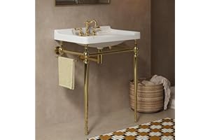 Yayzy 28” Bathroom Vanity with White Ceramic Sink, Wall-Mounted Console Style, Gold-Finish Stainless Steel Legs & Towel Bar, 3 Faucet Holes, No Faucet
