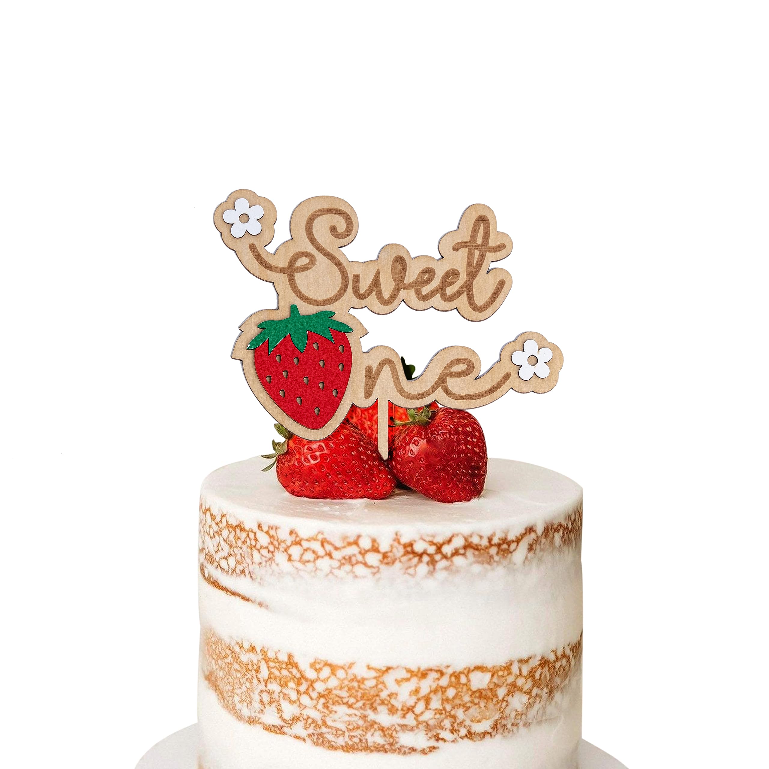 Photo 1 of MUWEOL Sweet One 1st/First Birthday Wood Cake Topper -Strawberry themed Party Photo Props, Cake Smash Decoration,One Year Old Baby Shower Party Favor Supplies (Strawberry Wood Cake Topper)
