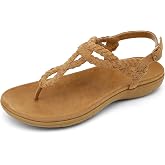 UBFEN Womens Flat Sandals T-Strap Thong Sandals with Arch Support | Braided Upper, Lightweight, Comfortable for Walking, Flip Flop with Back Elastic Strap