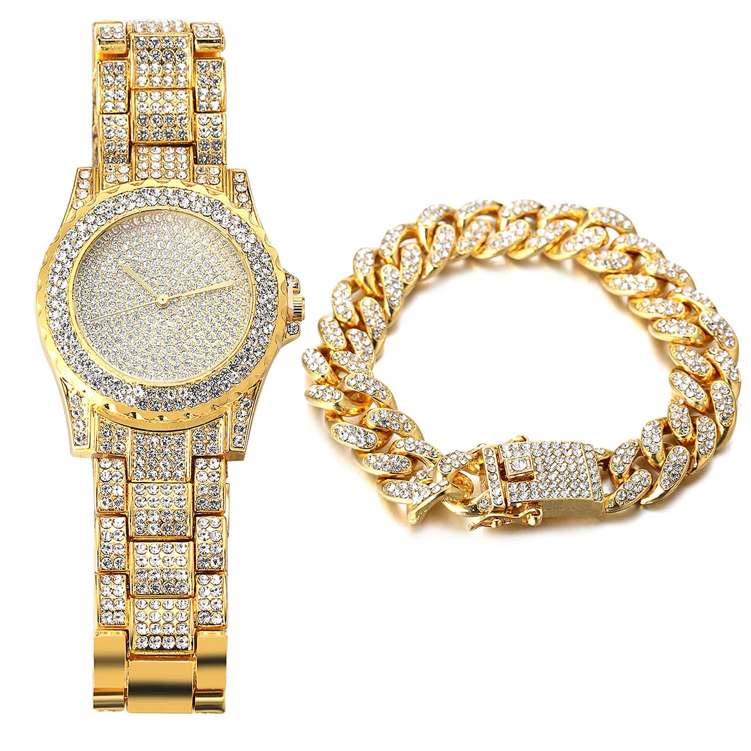 HALUKAKAH Gold Watch Iced Out,Men's 18k Real Gold Plated Quartz Wristband 8.7"(22cm),with Cuban Link Chain 8"(20cm) Bracelet Set,Full Cz Diamonds,Free Giftbox