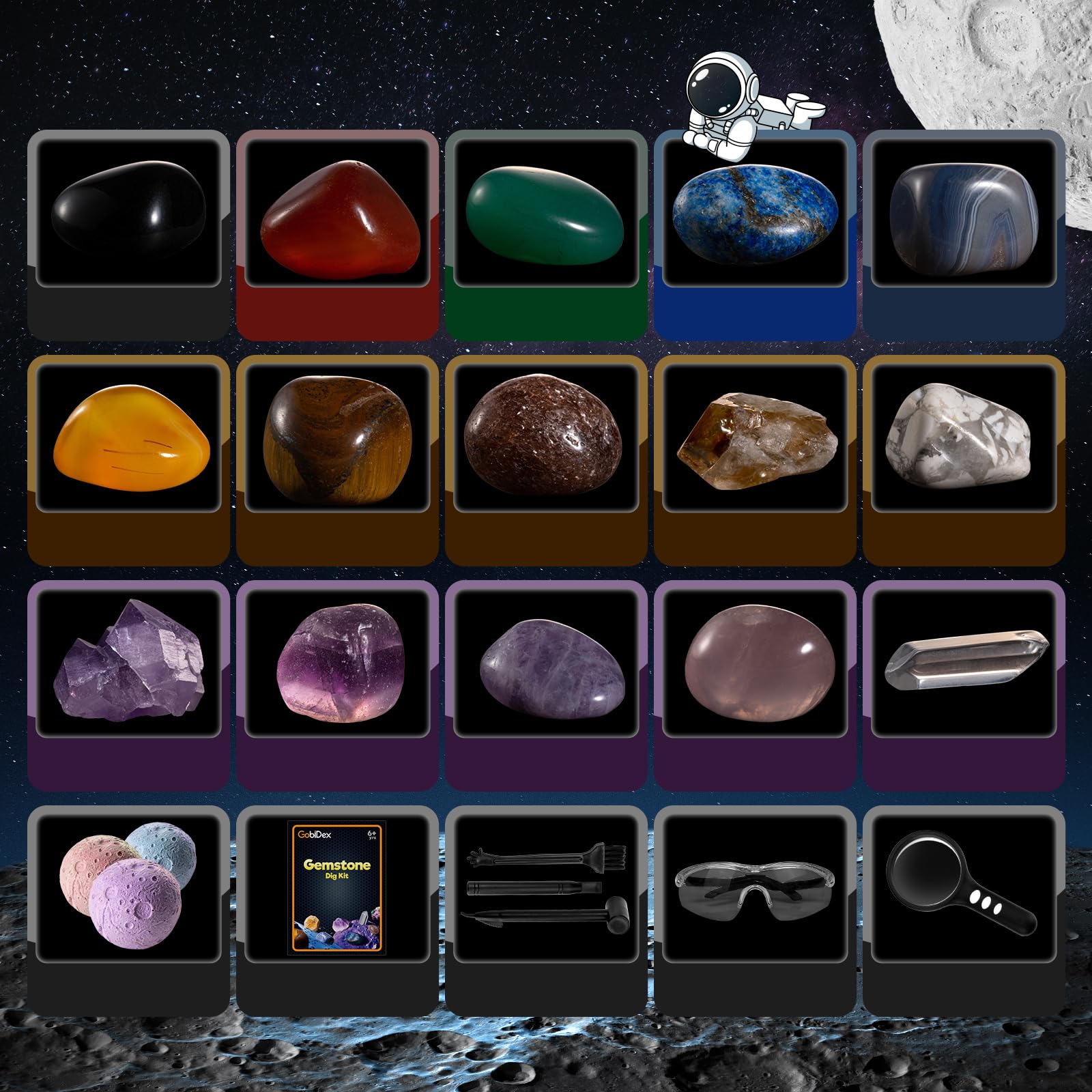 GobiDex Ausgrabungsset für Kinder, Natürliche Edelsteine und Kristalle, Mineralien Steine für Kinder ab 6 7 8 9 10, Mond Schatzsuche Spielzeug, Sonnensystem, Planeten Geschenk für Jungen und Mädchen 3