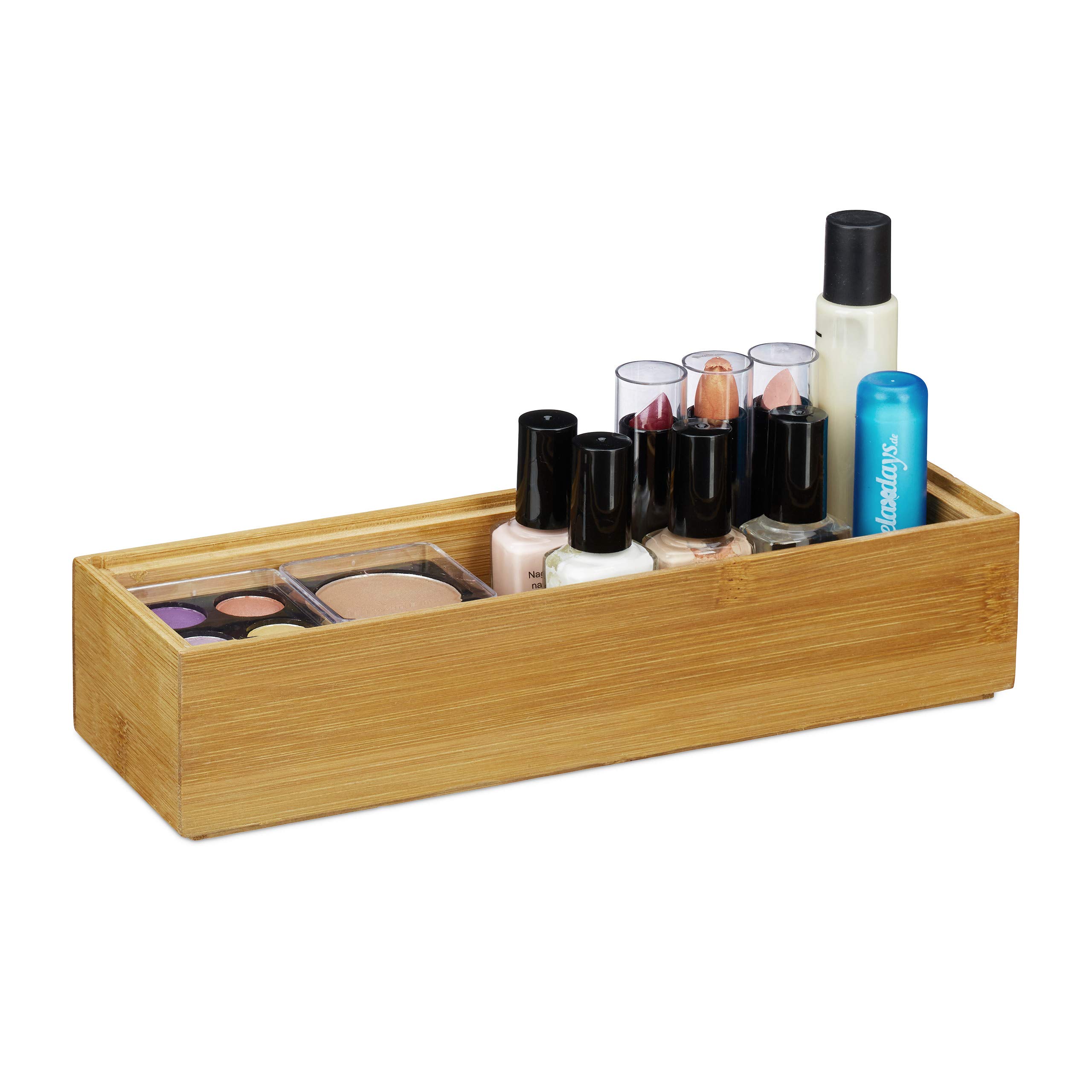 Relaxdays Bamboo Storage Box, Stackable, Natural Look, Kitchen Organiser Bins, Bathroom, HxWxD: 5 x 23 x 7.5 cm, Natural