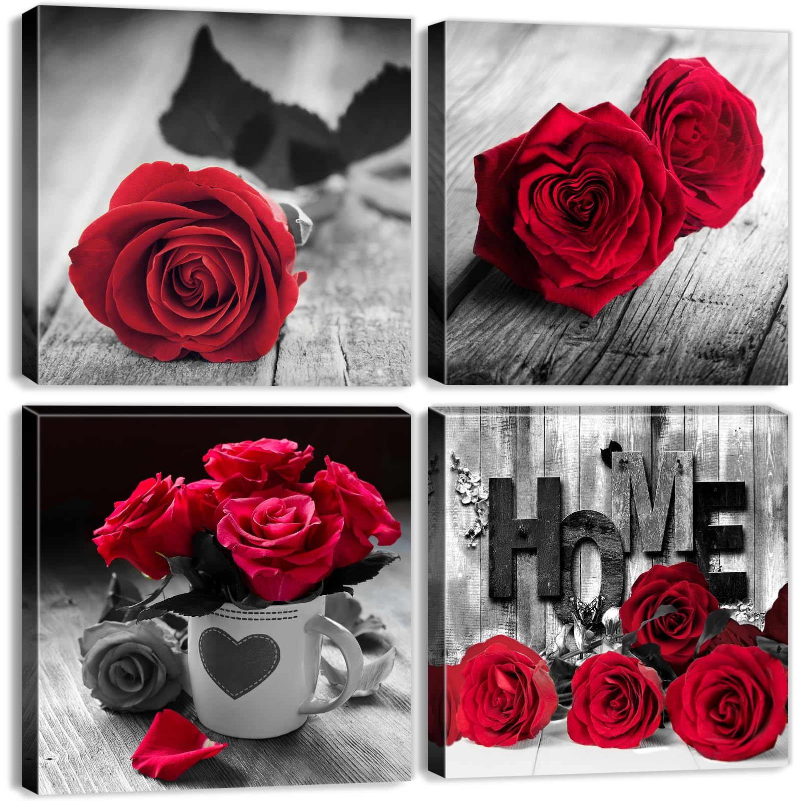 Black and White Floral Wall Art for Living Room Retro Red Rose Wall Decor Romantic Flower Pictures for Bathroom Walls Rustic Bouquet Painting Canvas Prints Artwork Girls Bedroom Decorations 12x12" 4P — image 1