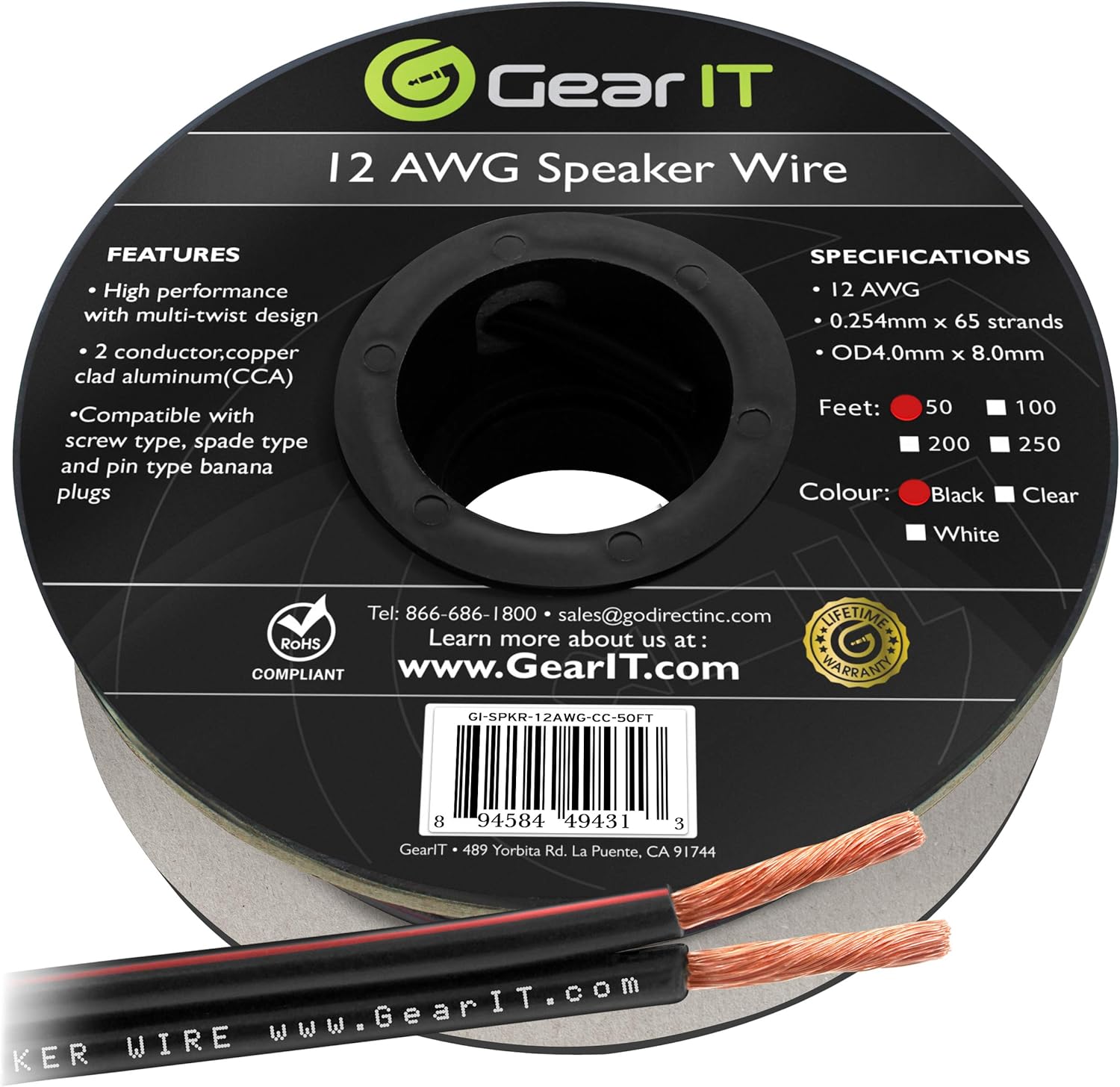 12AWG Speaker Wire, GearIT Pro Series 12 AWG Gauge Speaker Wire Cable (50 Feet / 15.24 Meters) Great Use for Home Theater Speakers and Car Speakers Black: Home Audio & Theater