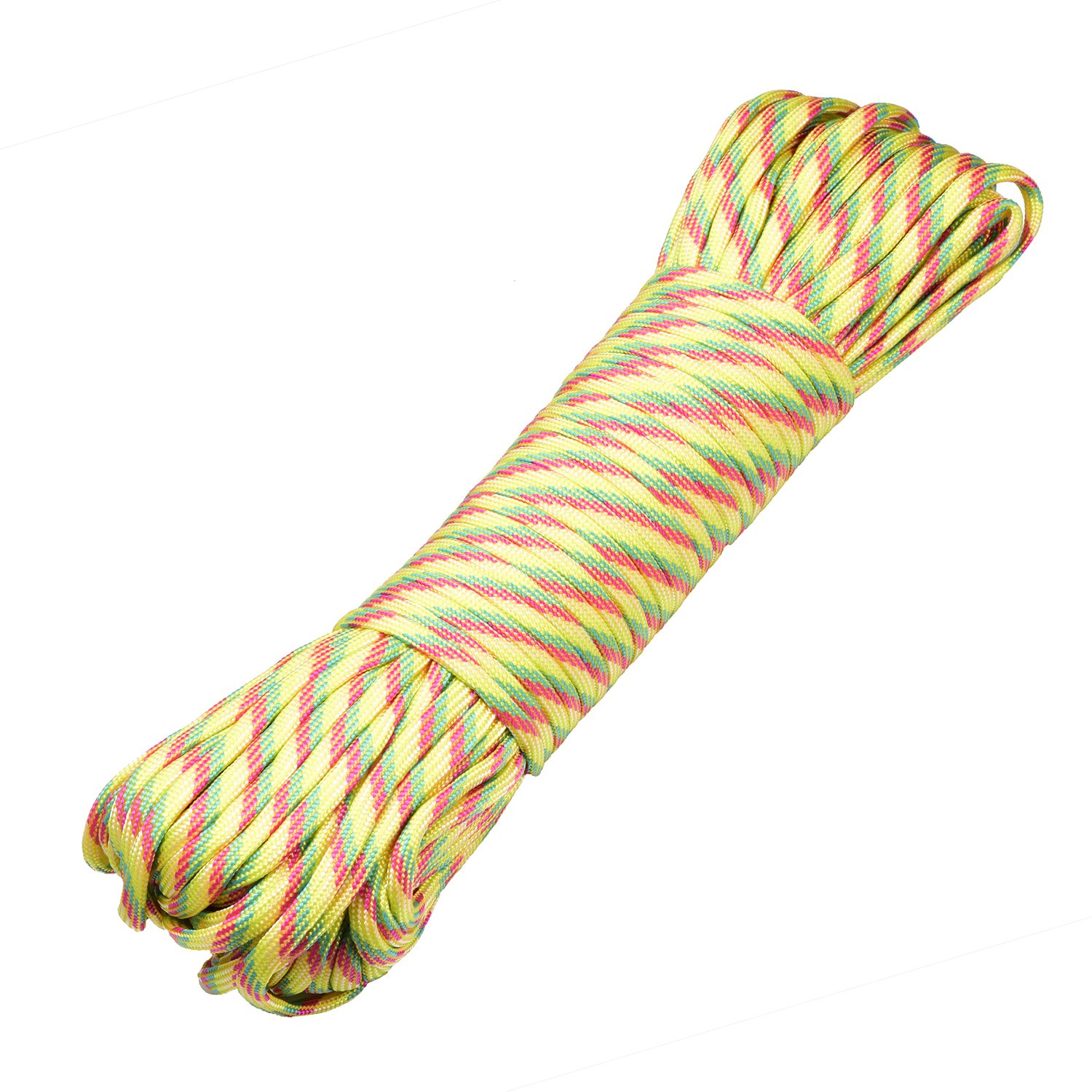 DonDon 98 ft - 30 m nylon cord Paracord survival DIY rope cord for outdoor camping activities 0.6 inch - 4 mm - 7 strands yellow-red-green