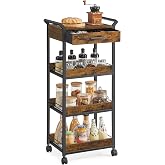 VASAGLE Storage Cart, 4-Tier Rolling Utility Cart with Table Top | Top Drawer, Mesh Shelves, Handles, 4 Lockable Casters, Rustic Brown and Matte Black, DACEY Collection ULRC049K01