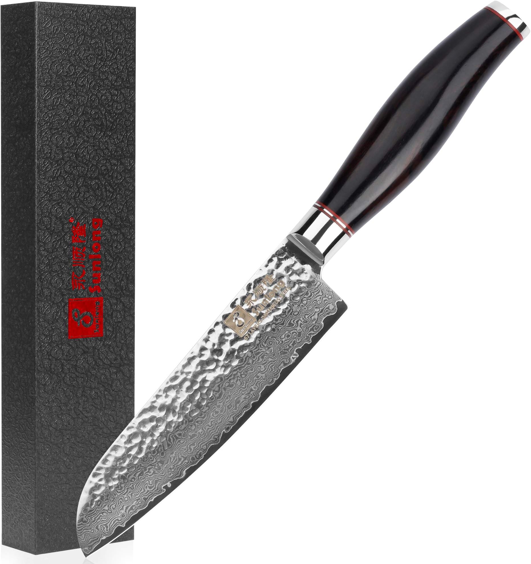 Sunlong Chef's Knives Santoku 5 inch Japanese Hammered Damascus Steel Natural Ebony Wood Handle