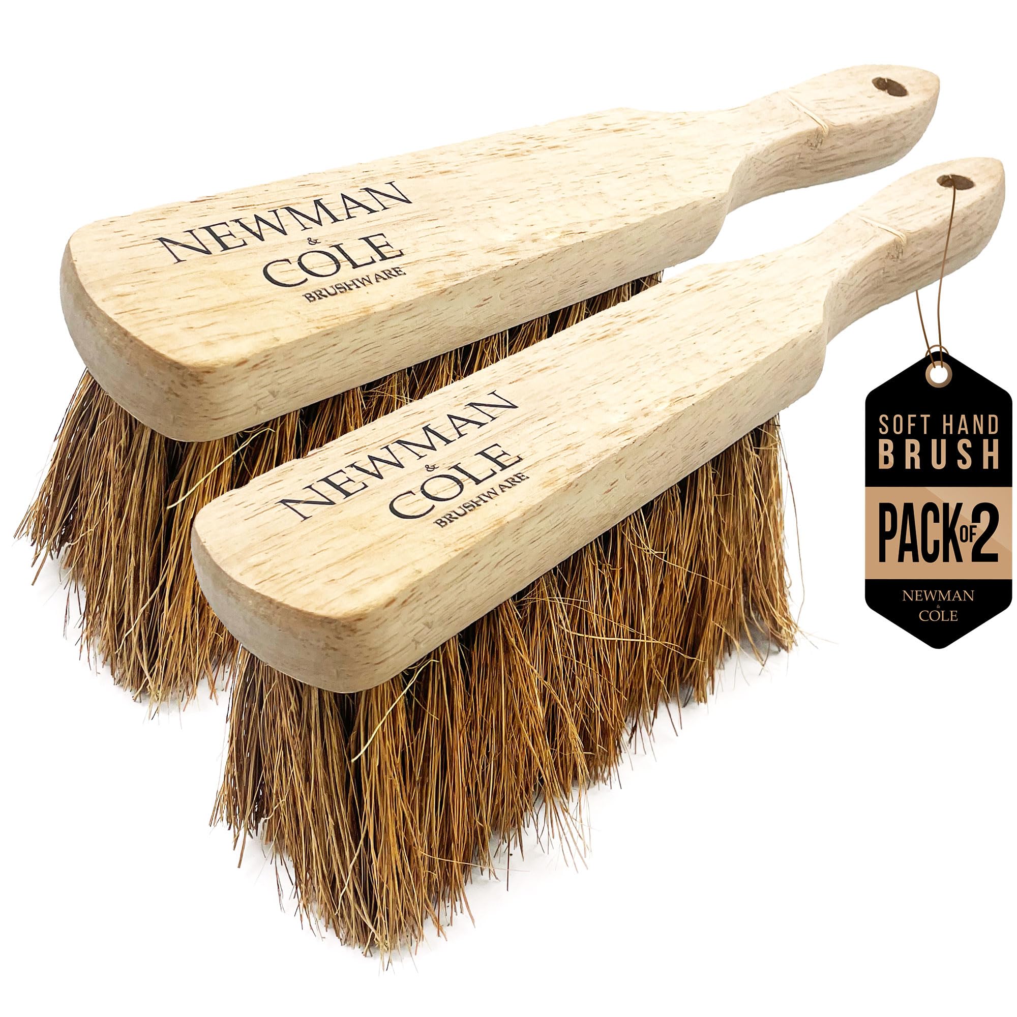 Newman and Cole Natural Wooden Hand Brushes - Choose from Hard Stiff Bristle Brush or Soft Brush with Natural or Synthetic Bristles (2 x Coco Soft Hand Brush)
