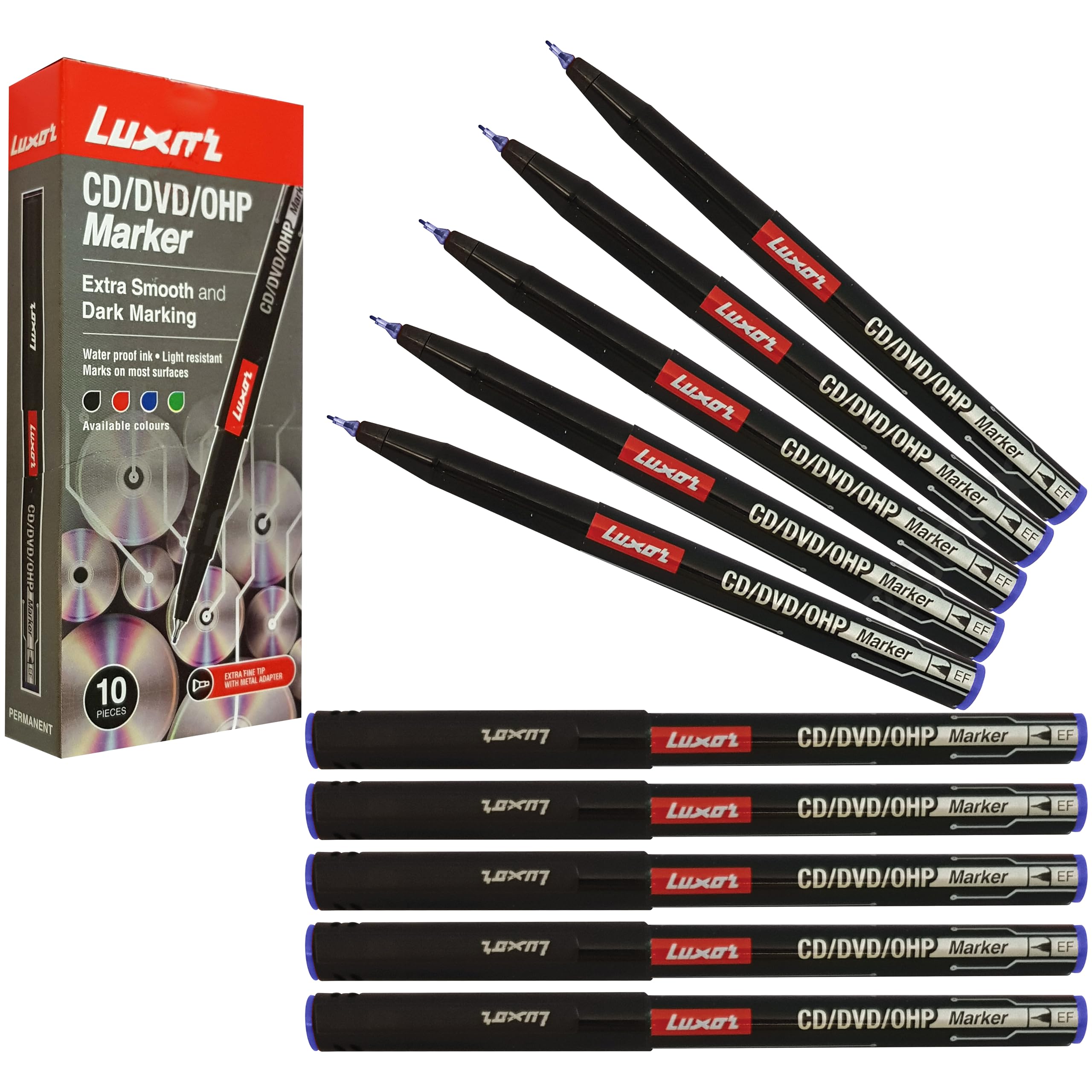 LUXEFIN Permanent Marker Pens, BLUE, Pack of 10, Extra Fine Tip, Write-4-All, Smooth Surface Markers, Waterproof Ink, iVAIDEX Black Ball Pen