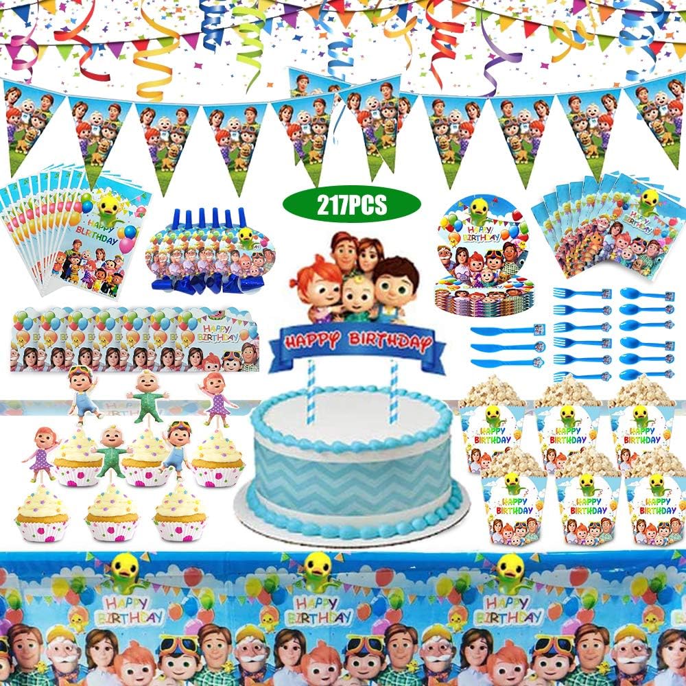 Cocommlons Birthday Party Supplies for Kids, Party Decorations Included Paper Plates, Cups, Napkins, Tablecloth, Pennant, Cake Topper, Gift Bags, Blowouts, Invitation Cards (217pcs)