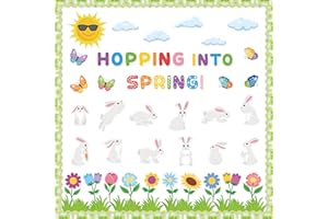 CPicdn 143Pcs Spring Rabbit Easter Bulletin Board Classroom Decoration Flower Bunny Cutouts Name Tags Hopping Into Spring Classroom Chalkboard Wall Decor Happy Spring Easter Party Supplies