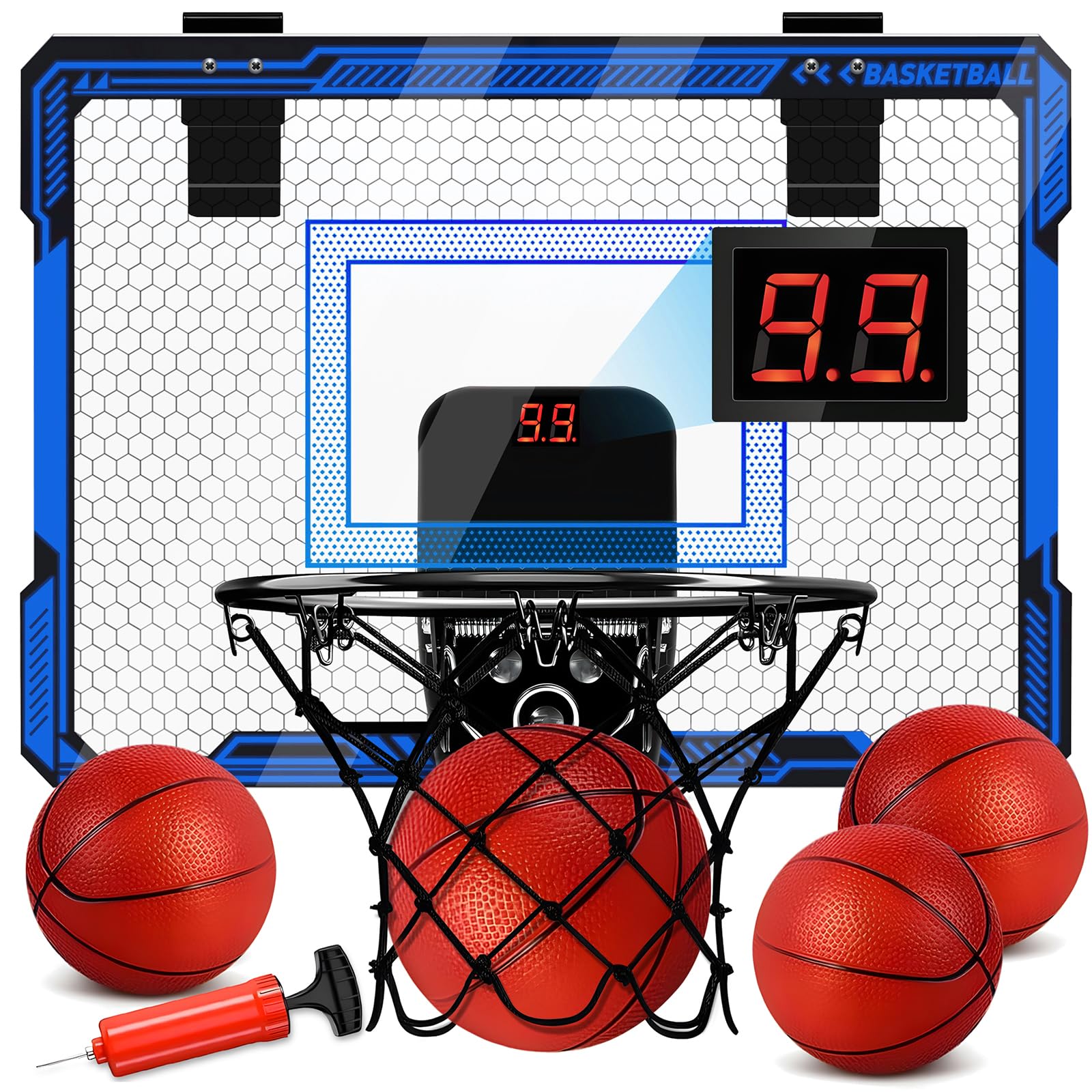 Photo 1 of **MISSING PARTS**
Molutsody Indoor Basketball Hoop for Kids - Over The Door Mini Basketball Hoop with LED Light & Scoreboard, Includes 3 Balls & Air Pump - Basketball Toys Gifts for 4-12 Year Old Boys Girls (Blue)