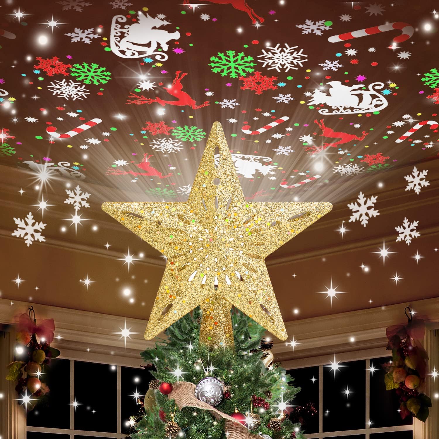 Tree Toppers - Kesfitt Christmas Tree Topper Lighted with 6 Projection Modes,Christmas Star Tree Topper Built-in LED Rotating Lights,Gold 3D Glitter Dynamic Projection for Xmas Party Holiday Decorations
