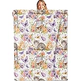 MIEPOS Cute Kitten Floral Throw Blanket, 50x60in, Soft, Lightweight Flannel, Watercolor Sleeping Cat with Flowers and Butterfly Blankets, Gifts for Girls, for Spring Garden Home Living Room Decor