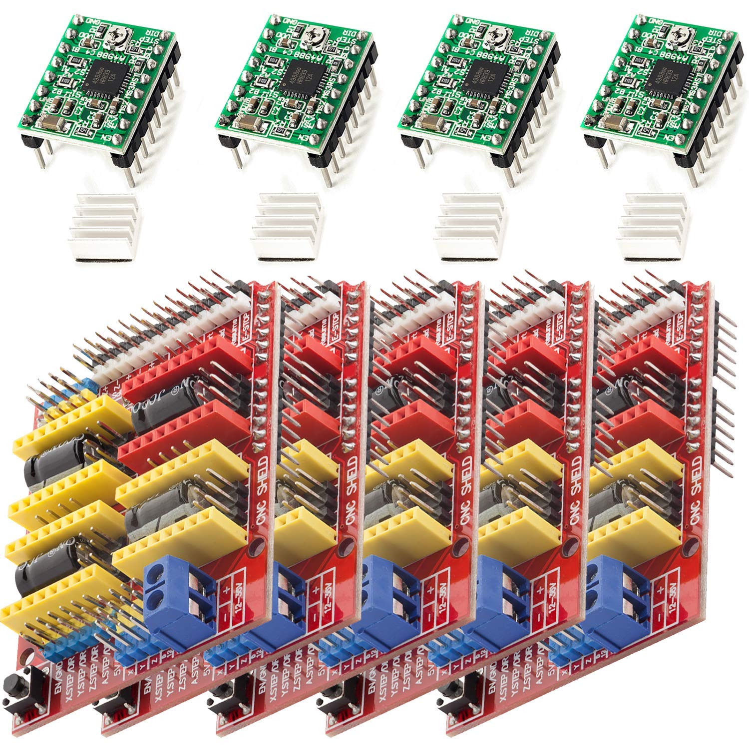 AZDelivery 5 x CNC Shield V3.0 Expansion Board Bundle, 4PCS A4988 Stepper Motor Drivers with 4PCS Heatsink Kits compatible with Arduino, 3D Printer Including E-Book!