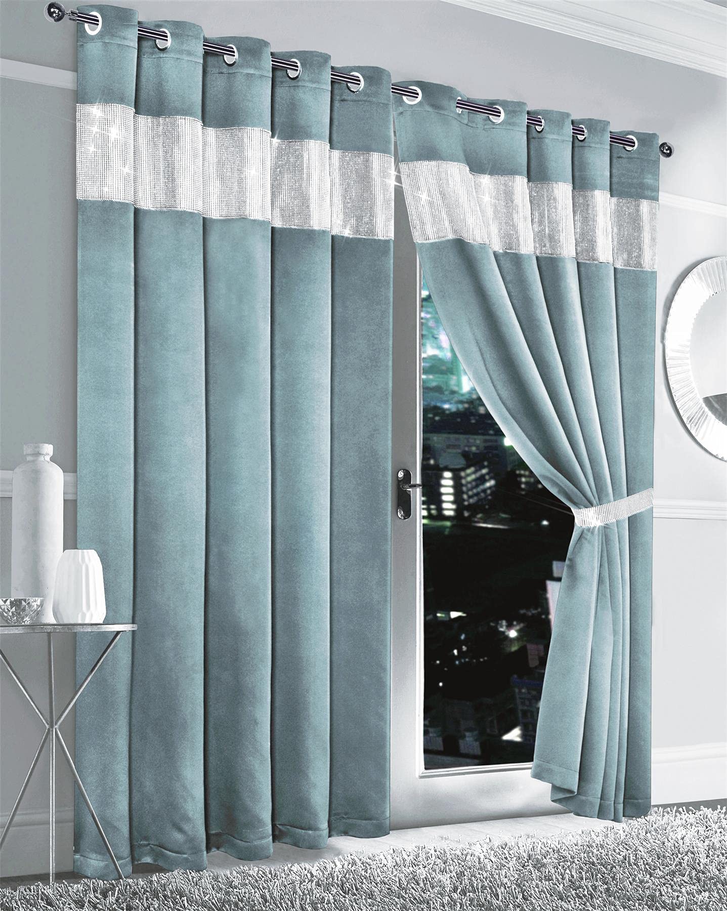 Olivia Rocco Diamante Blackout Eyelet Curtains With Tie Backs Black Out Thermal Ring Top Curtain Pair Window Dressing, 66" (Width) x 90" (Drop) Duck egg