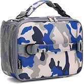 FlowFly Kids Lunch Bag, Durable Insulated School Lunch Box with Shoulder Strap and Bottle Holder, Water-resistant Thermal Small Lunch Cooler Tote for Teen Boys &amp; Girls,Blue Camo
