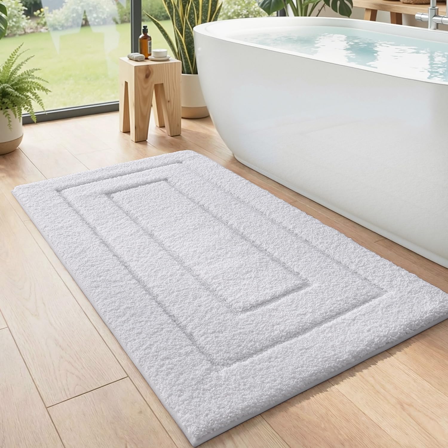 DEXI Bath Mat 60 x 110 cm, Extra Soft Absorbent Microfiber, Non-Slip Bathroom Mats, Machine Washable Rugs for Shower Floor, White