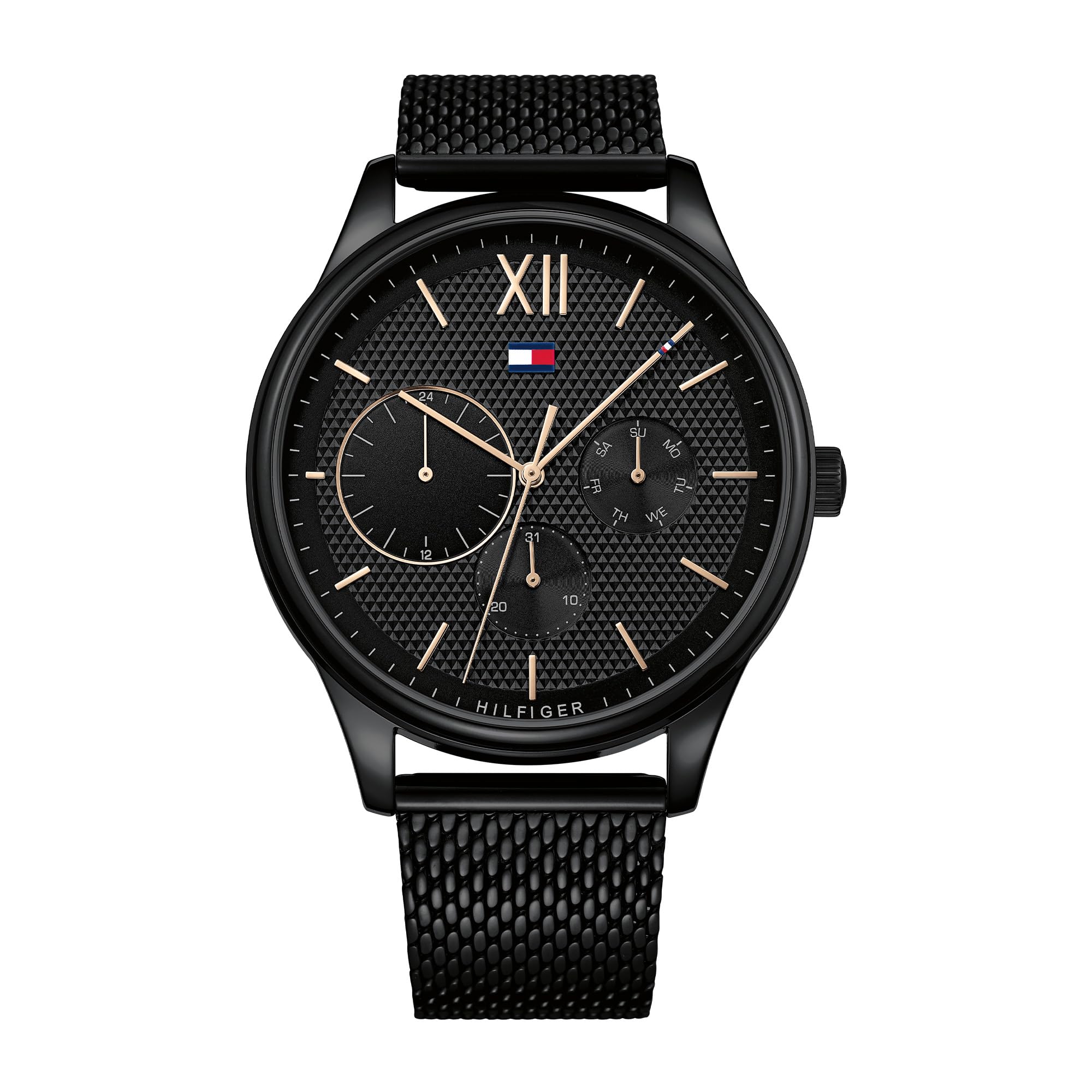 Tommy Hilfiger Men's 44mm Multifunction Quartz Watch - Black Dial with Clou de Paris Pattern, Black Stainless Steel Mesh Bracelet, 5ATM Water Resistant - 1791420