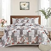 Patchwork Quilt Set Full/Queen Size, 3 Pieces Grey Floral Plaid Summer Bedspread Coverlet Set, Soft Microfiber Reversible Lightweight Bed Cover for All Season (90" x 90", 1 Quilt+ 2 Pillow Shams)