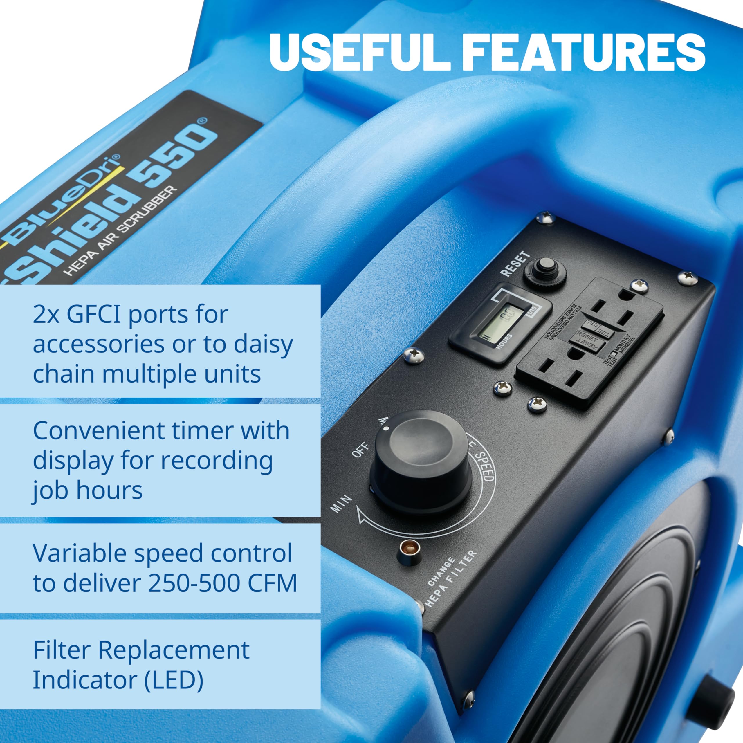 BlueDri Air Shield 550 HEPA Air Scrubber, Water Damage Restoration Equipment Air Purifier, Covers 1400 Sq. Ft, Daisy Chain Capable, For Commercial Use, Blue, BD-AS-550