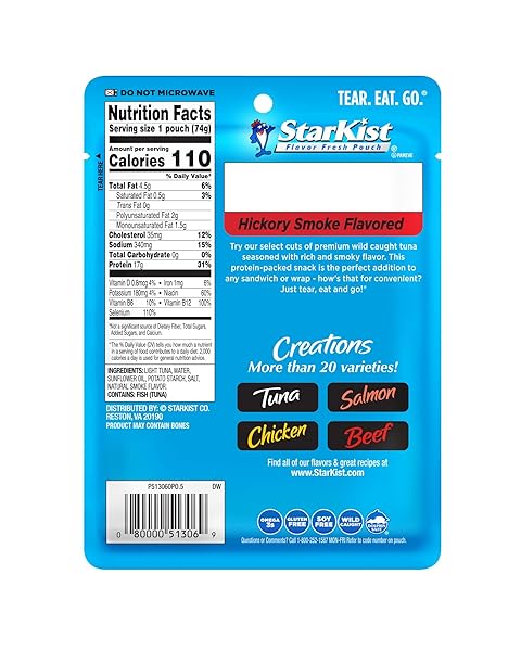 STARKIST TUNA CREATIONS HICKORY SMOKED, 2.6 OZ POUCH (1 PACK) READY TO EAT WILD CAUGHT TUNA, G PROTEIN, CALORIES PER SERVING, GLUTEN FREE, SOY FREE, KOSHER, PERFECT FOR SALADS, KETO MEALS AND SNACKS