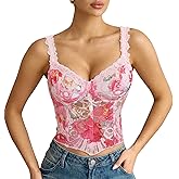 LEACOOLKEY Lace Corset Top for Women Sexy Sheer Floral Bustier Going Out Lace-up Bralette Club Party Concert Crop Top
