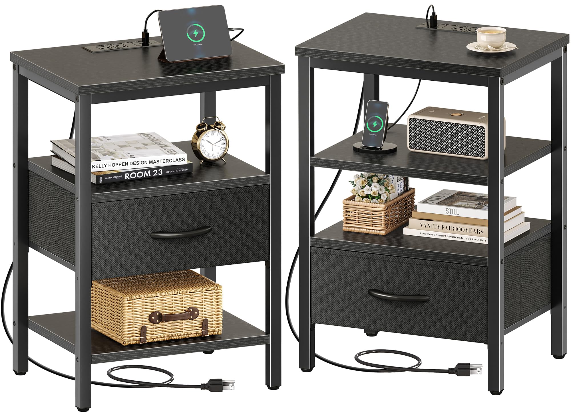 SUPERJARE Nightstand Set of 2, Bed Side Tables with Charging Station, Adjustable Fabric Drawer, Night Stand for Bedroom, 3-Tier Storage End Tables, Black Image
