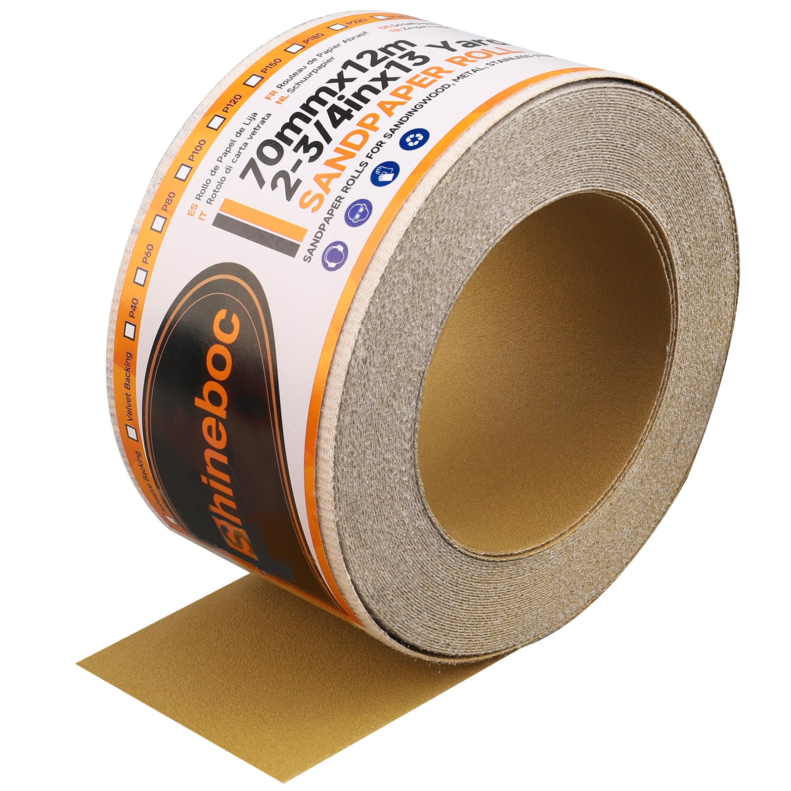 Shineboc 12m x 70mm Hook and Loop Sandpaper Roll, Aluminium Oxide Abrasive Sanding Paper for Sanding, Polishing and Rust Removal, 150 Grit