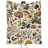 Vintage Mushroom Throw Blanket Botanical Plant and Floral Fungi Print Soft Cozy Flannel Blanket for Couch Bed Sofa Chair Decorative Boho Cottagecore Blanket 50"x60"