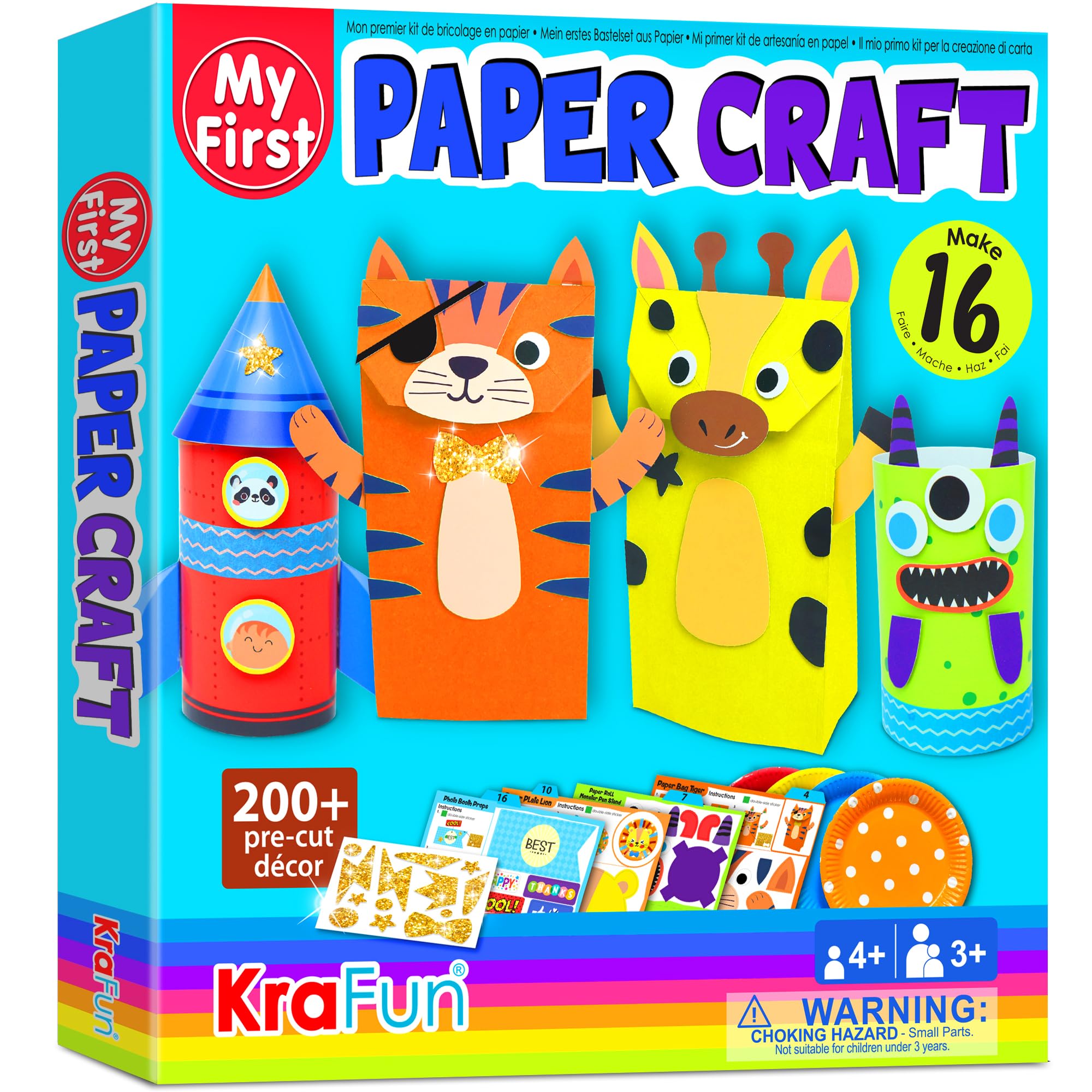 KRAFUN My First Safari Animal Paper Craft Kit, 18 DIY Zoo Animal Arts & Crafts for Kids Ages 3-8, Includes Creative Supplies, Instructions, Reusable Box, Educational Gift for Toddlers, Boys, Girls