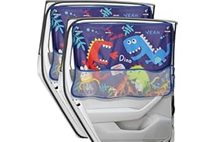 DIZA100 Car Window Shade for Baby, 2 Pack Car Sun Shades with Storage Net Pocket Car Window Curtain 7 Suction Cups Blue Dinosaurs for Sun/Heat/UV Rays Protection Kids