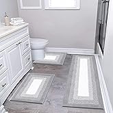 Bsmathom Bathroom Rugs Sets 3 Piece, Non-Slip Absorbent Bath Mats, Plush Shaggy Microfiber Bath Rug with U-Shaped Contour Toilet Mat Machine Washable, Light Grey