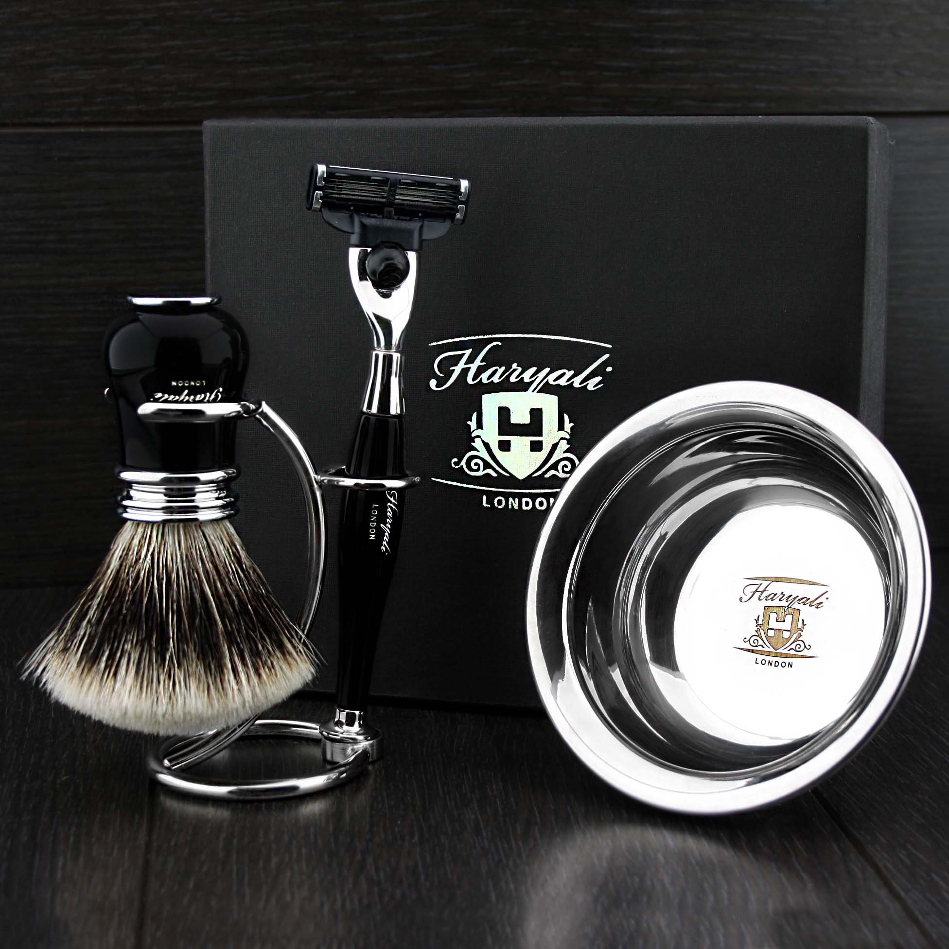 Men's Shaving Set with Black 3 Edge Cartridge Razor, Sliver Tip Badger Hair Brush, Stand and Stainless Steel Bowl Perfect Kit for Him