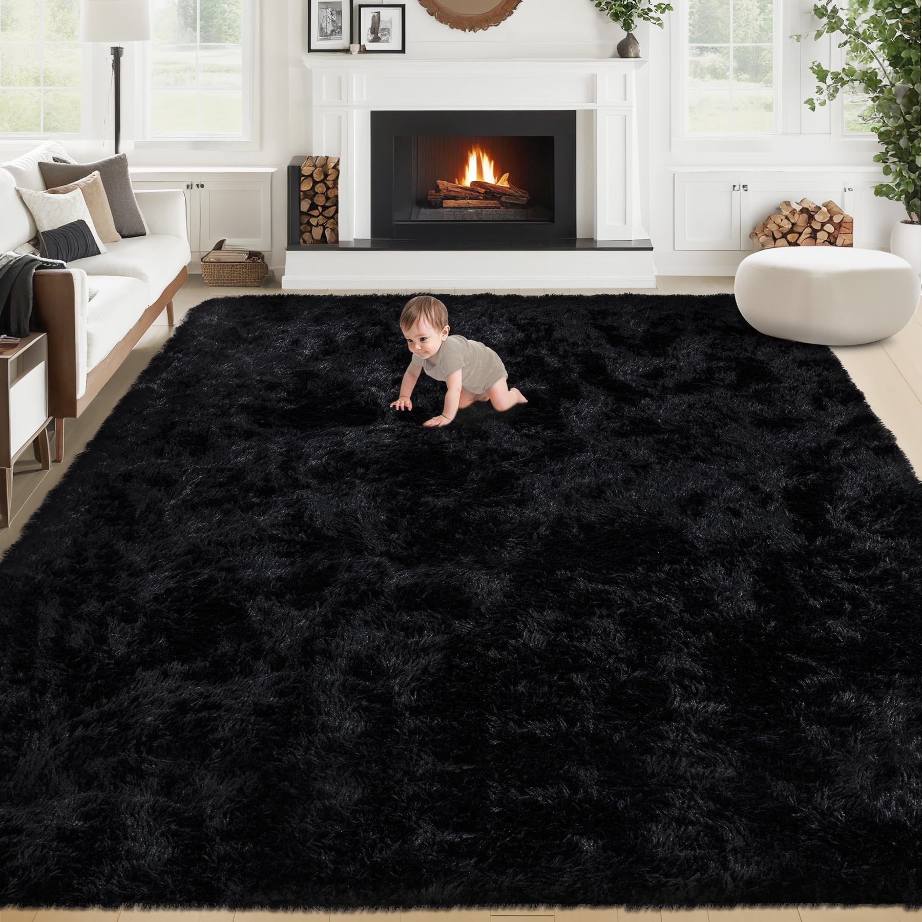 Photo 1 of 8x10 Area Rugs for Living Room: Fluffy Shag Soft Washable Rug Large Fuzzy Plush Indoor Carpet for Bedroom Nursery Playroom Kids Girls Boys Room (Black, 8'x10')