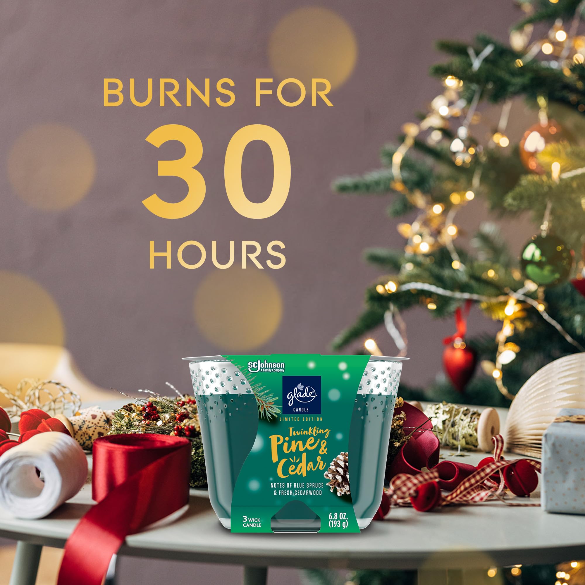 Candle Twinkling Pine & Cedar, Fragrance Candle Infused with Essential Oils, Air Freshener Candle, Limited Edition Scent, 3-Wick Candle, 6.8 Oz, 3 Count