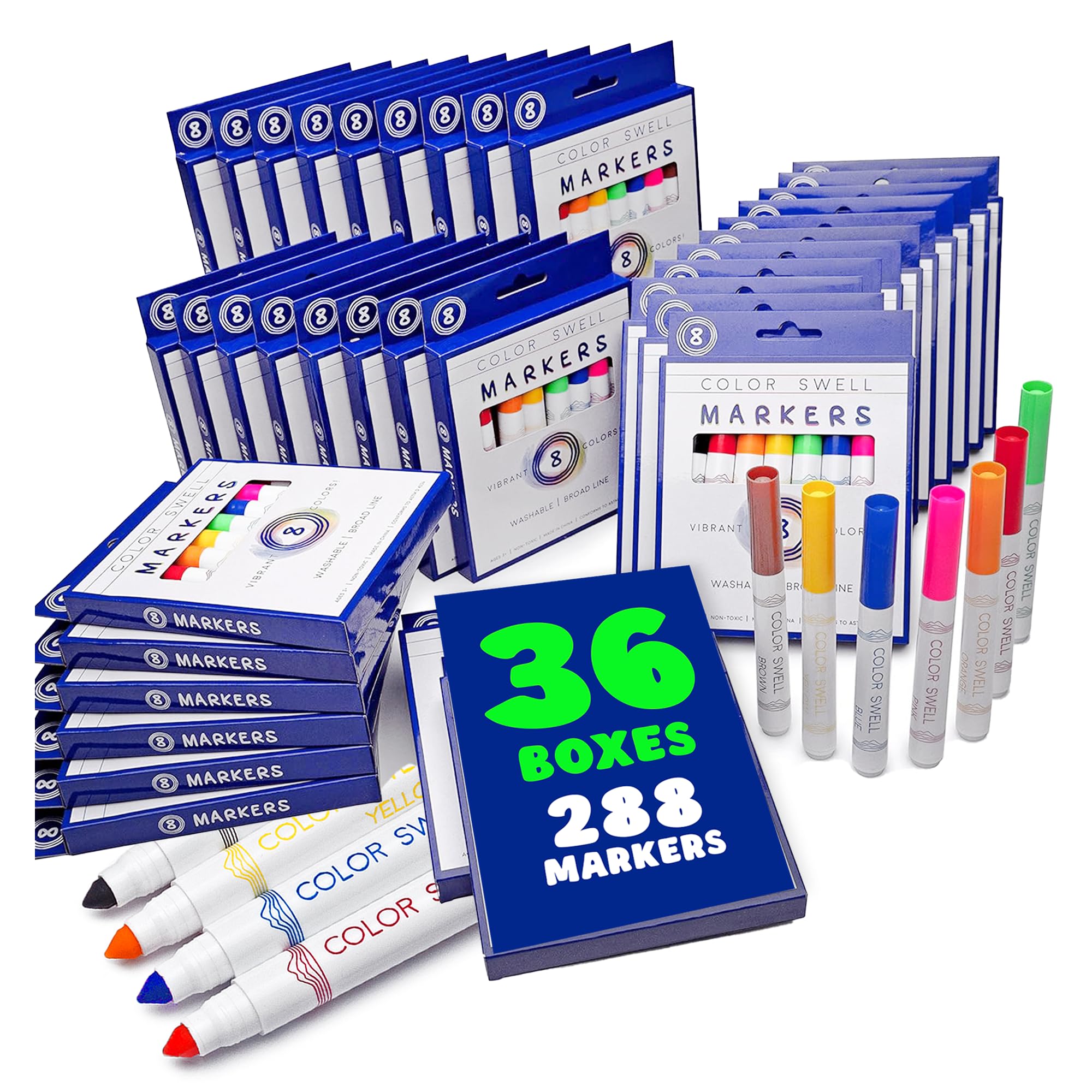 Color Swell Washable Bulk Markers 36 Packs 8 Count Vibrant Colors 288 Total Markers Bulk Perfect for Teachers, Kids and Classrooms