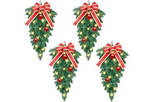 ENVEN Christmas Stair Swags Teardrop Swag Wreath Stair Swag Garlands,Christmas Swag Wreaths for Front Door Holiday Wall Window Hanging Ornaments Indoor Outdoor Home Decor (4Pack Red Bow)