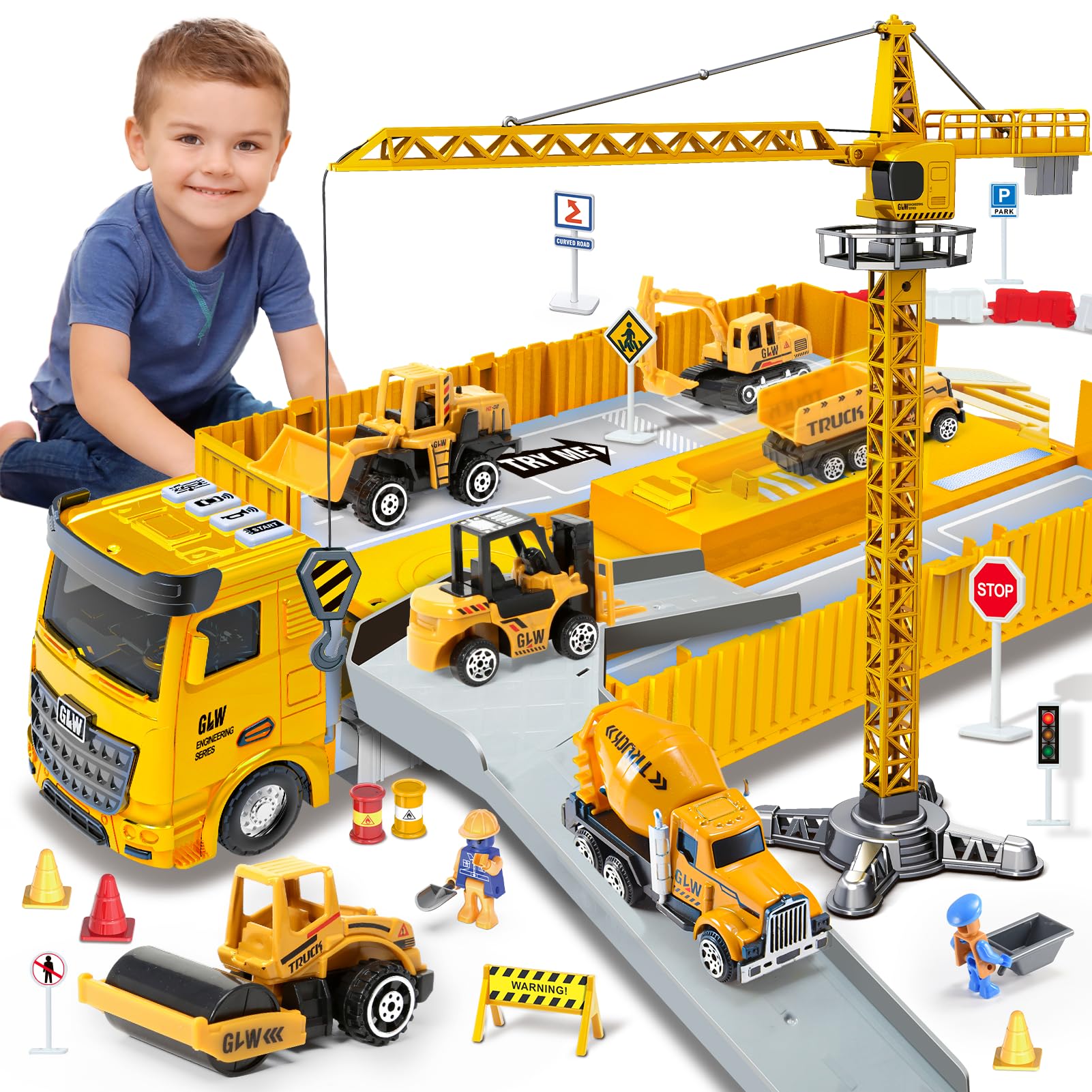 Naxudcoo Construction Toys For 3-7 Year Old Boys: Truck Toy Set Toddler Car Digger Toy - Crane Dump Trucks, Construction Vehicle Toys For 3 4 5 6 7 Years Old Boys Gifts