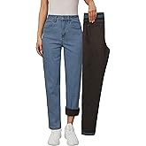 Arach&Cloz Women's Thin Fleece Lined Jeans High Waisted Stretch Warm Straight Leg Pants 2026