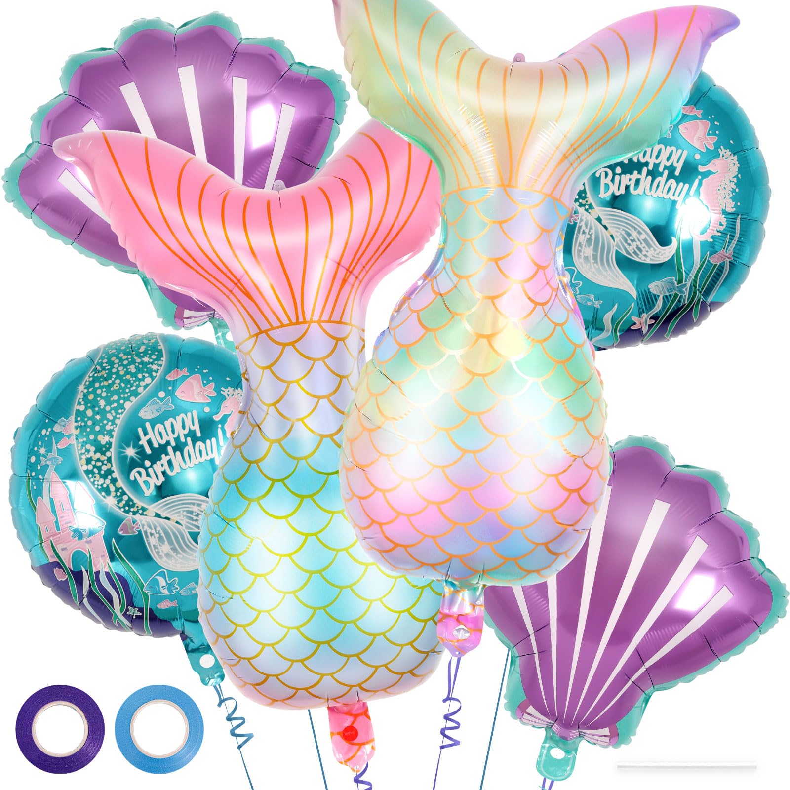Photo 1 of 6 Pcs Mermaid Balloons, SeaShell Foil Balloons, Mermaid Tail Mylar Balloons for Sea Ocean Themed Birthday Party Decorations Baby Shower