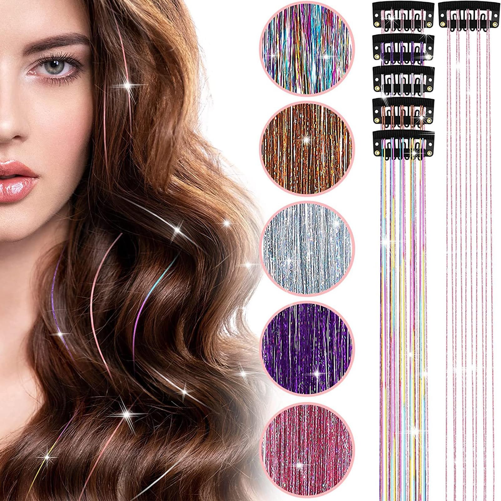 6Pcs Clip-in Glitter Hair Tinsel Extensions - Multicolor Synthetic Strands for Women, Girls - Christmas Festival Party Accessories​