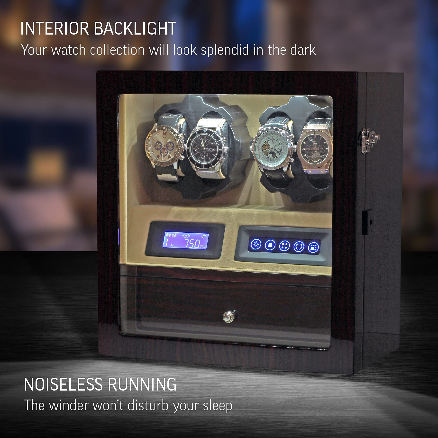 Leader WATCH WINDERS 4 Watch Winder with 5 Watch Storage Space, LCD Display, Touch Control and Interior Light