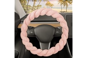 Carbella Twisted Fur Soft Pink Steering Wheel Cover, Standard 15 Inch Size Fits Most Vehicles, Fuzzy Fluffy Car Steering Cover with Soft Faux Fur Touch, Car Accessories for Women