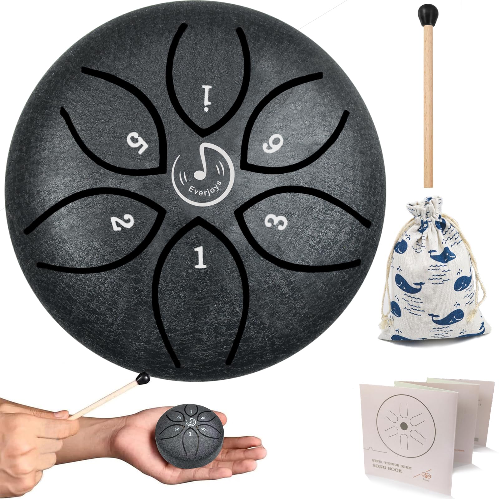 Rain Drum for Outside- Steel Tongue Drum 3 Inch 6 Notes C-Key Handpan Percussion Instrument with Cloth Bag,Music Book and Mallets, Music Gift for Kids(3inch, Black)