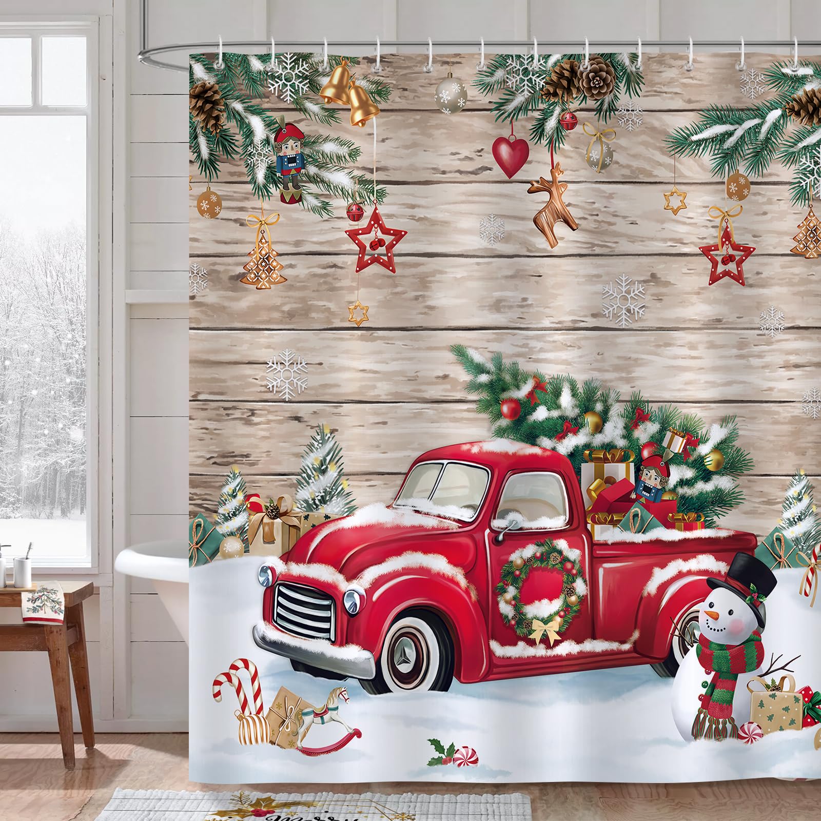 Bonhause Christmas Red Truck Shower Curtain Xmas Tree Snowman Wooden Plank Farmhouse Bathroom Curtain 180 x 180 cm Waterproof Mildew & Mould Resistant Polyester Fabric Bath Curtain with 12 Hooks